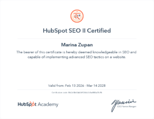 SEO II Certified Marina Zupan. Advanced SEO tactics, earned by DIGital entuziast.