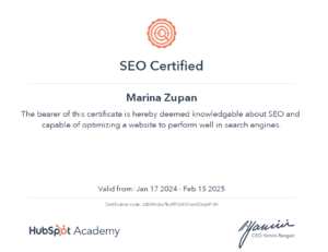 SEO Certificate for Marina Zupan, to perform well on search engines. DIGital entuziast knowledge.