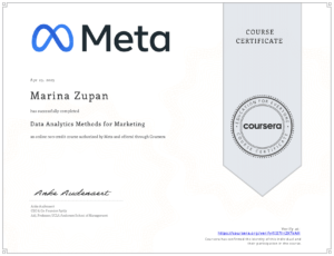 Data Analytics Method for Marketing. Certificate from Coursera, awarded to Marina Zupan, DIGital entuziast.