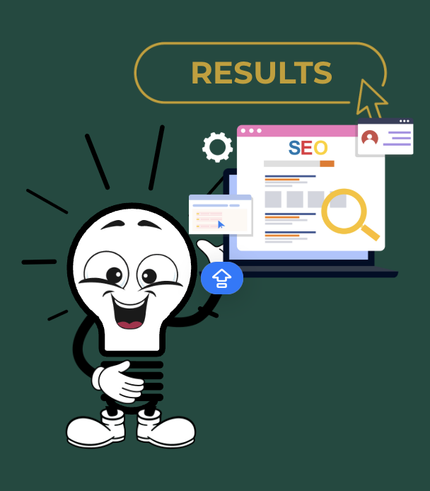 DIGital entuziast lightbulb mascot pointing on SEO results page. Get more informations and make your business proud.