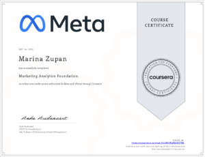Marketing Analytics Foundation with Meta. Certificate from Coursera awarded to Marina Zupan, DIGital entuziast.