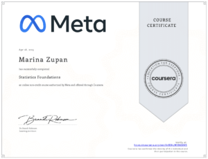 Meta Statistic Foundation Certificate. Awarded to Marina Zupan, DIGital entuziast.