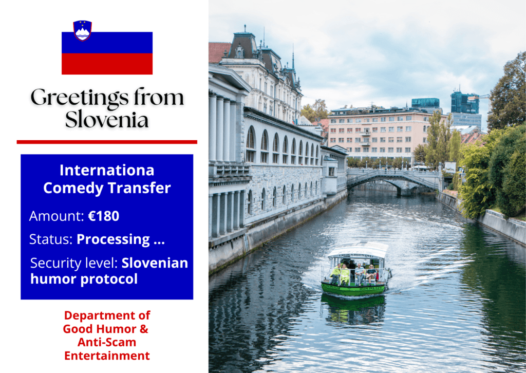 Postcard with fee from Slovenia: Department of Good Humor & Anti-Scam Entertainment. Made by DIGital entuziast