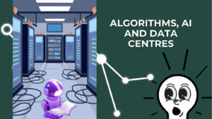 Algorithms and Artificial Intelligence: bulb mascot looking at data centre