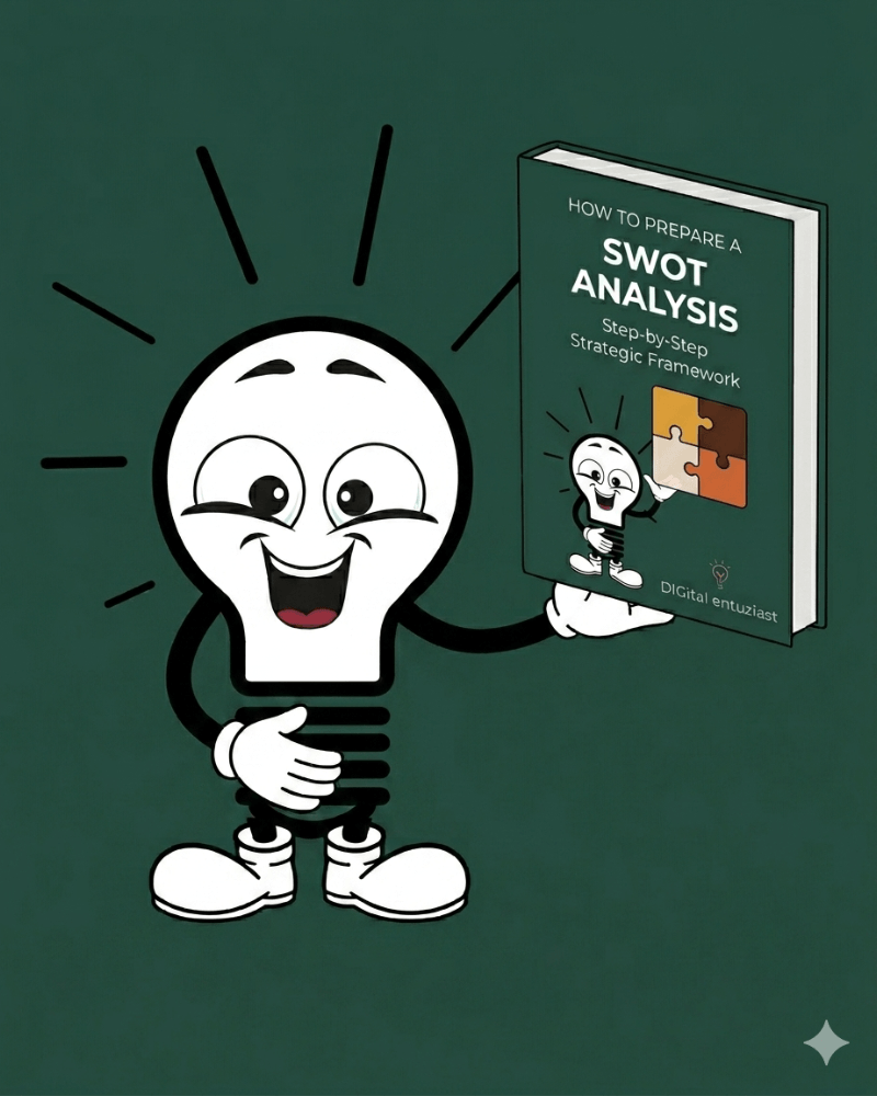 AI and Marketing: bulb mascot holding the SWOT Analysis Strategic Framework, made by DIGital entuziast