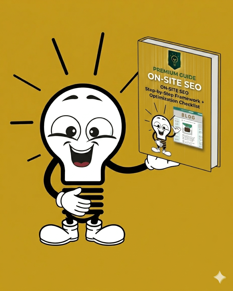 AI and Marketing: Bulb mascot holding ON-SITE-SEO Premium Guide made by DIGital entuziast