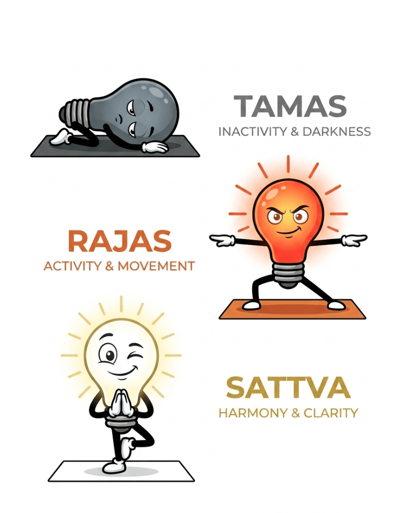 Practice of Yoga: bulb mascot in Tamas, Rajas and Sattva position. Created by DIGital entuziast and Gemini.