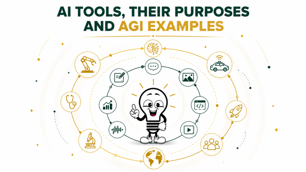 Bulb with AGI examples and AI icons － explained by DIGital entuziast