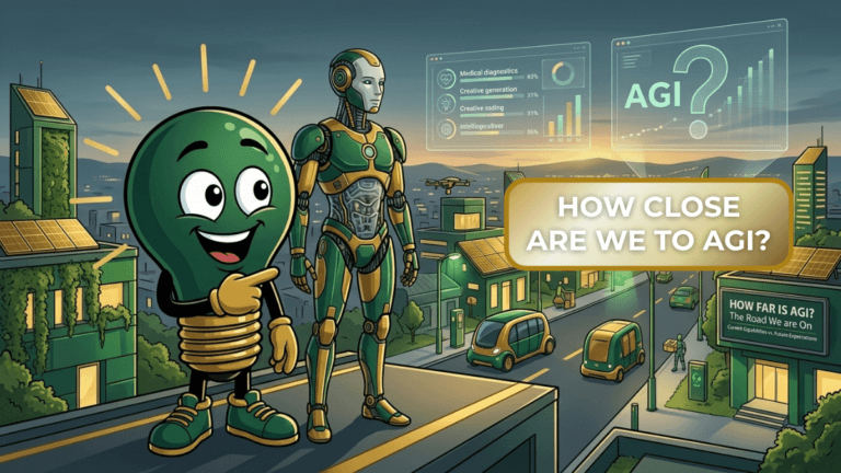 Bulb mascot standing with the robot in the middle of futuristic DIGital entuziast city.