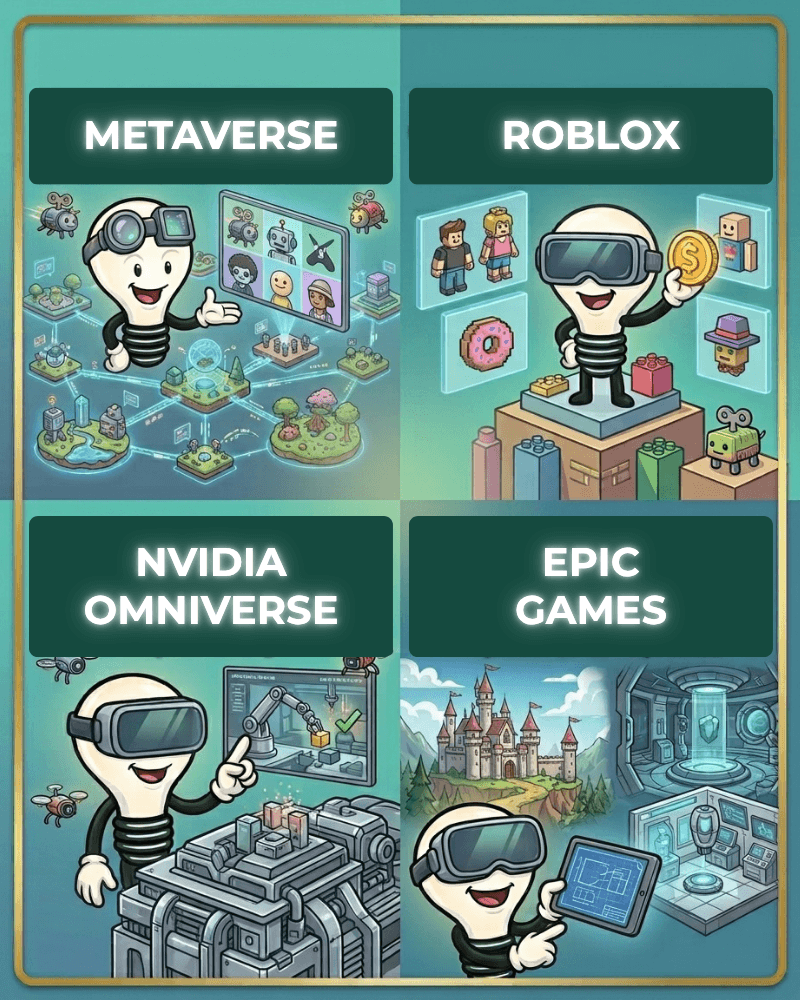 DIGital entuziast bulb mascot in Metaverse, Roblox, NVIDIA - Omniverse nad Epic Games space