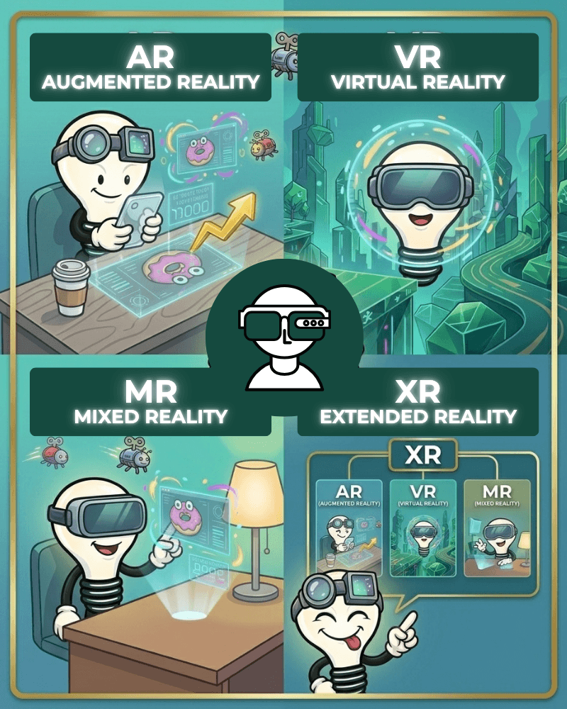 DIGital entuziast mascot in AR, VR, MR and XR virtual spaces